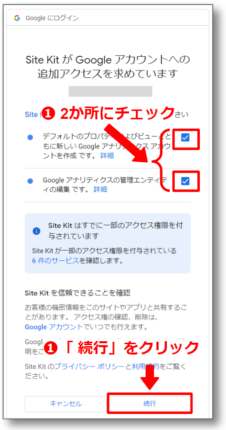 Site KitがGoogleアカウントへ追加アクセスを求めているで2か所チェック⇒続行