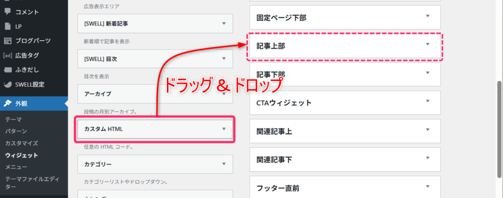「カスタムHTML」を「記事上部」へドラッグ&ドロップ